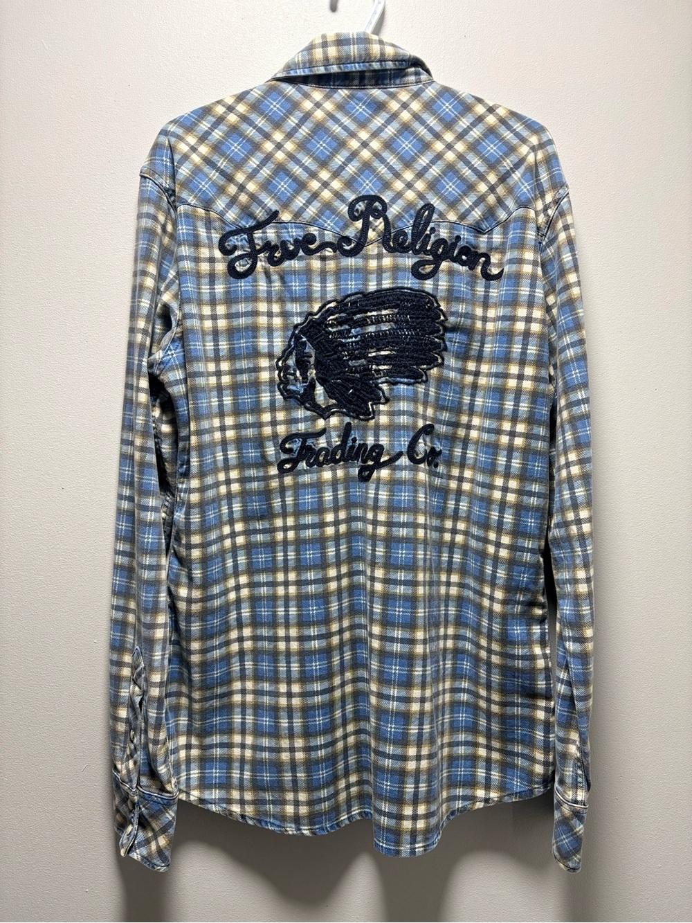 True Religion Men's Blue Plaid Embroidered Button-Up Shirt